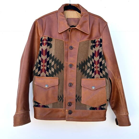Vintage Men’s Leather Wool Navajo Jacket Western Southwestern Large - Picture 2 of 12